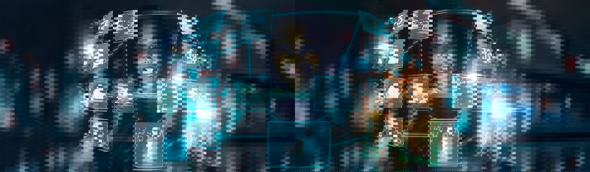 Smiling Woman Surrounded By Floating Digital Interface Screens In A Futuristic, Technology Themed Environment.