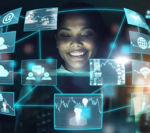 Smiling Woman Surrounded By Floating Digital Interface Screens In A Futuristic, Technology Themed Environment.