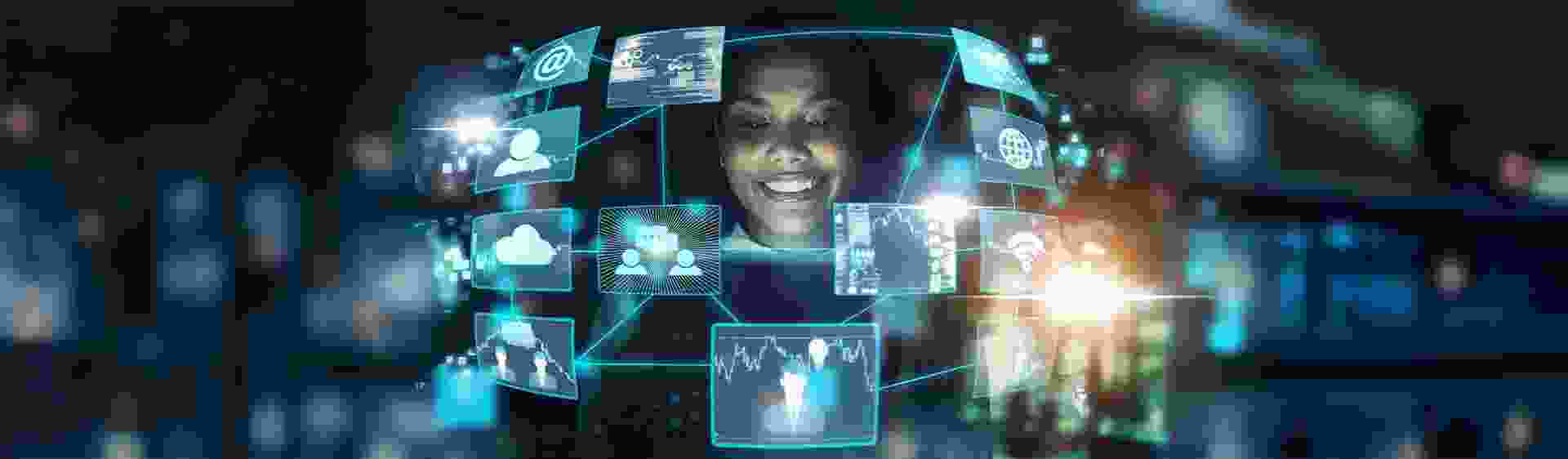 Smiling Woman Surrounded By Floating Digital Interface Screens In A Futuristic, Technology Themed Environment.