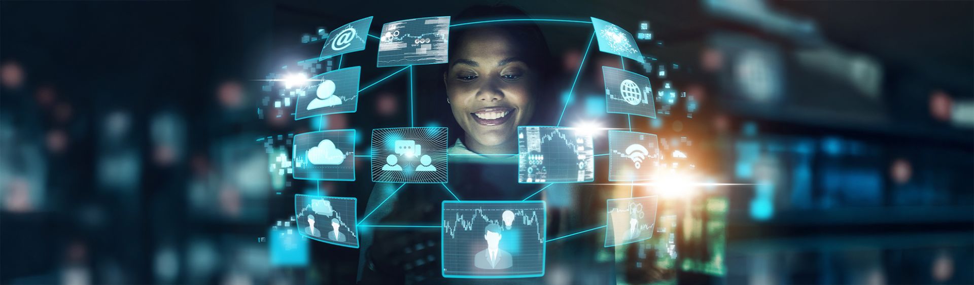 Smiling Woman Surrounded By Floating Digital Interface Screens In A Futuristic, Technology Themed Environment.