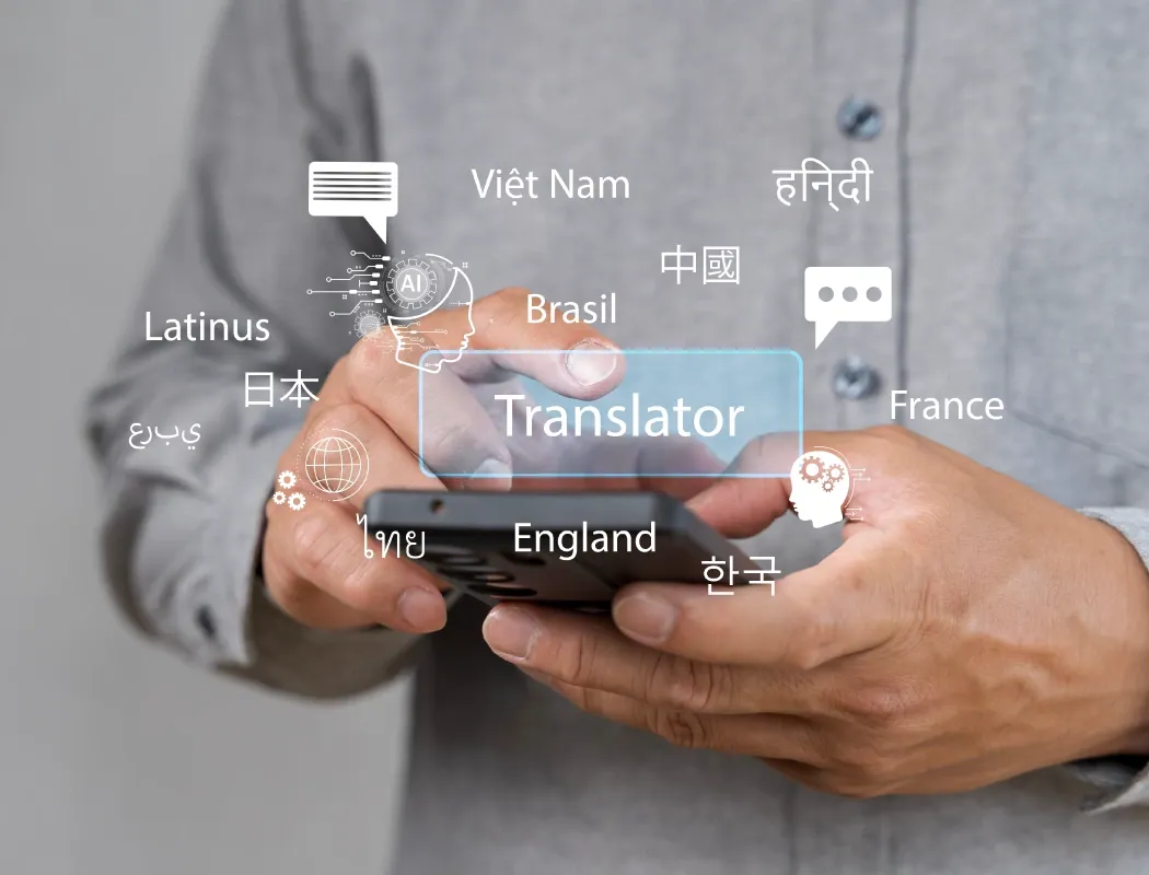 Smartphone displaying AI-powered translation connecting multiple global languages for TP services.