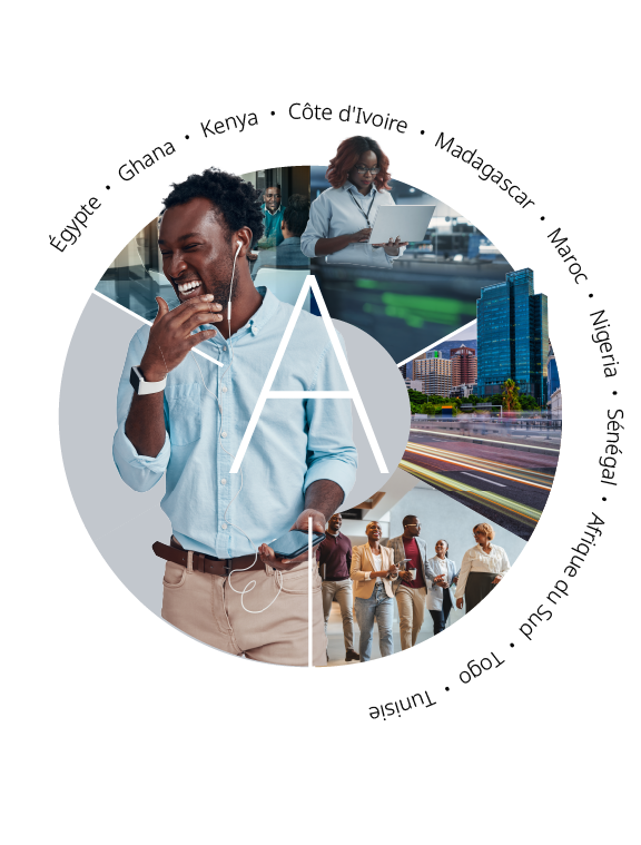 Un jeune homme d'affaires africain souriant, utilisant des écouteurs au premier plan, avec plusieurs images d'une Afrique moderne et innovante en arrière-plan