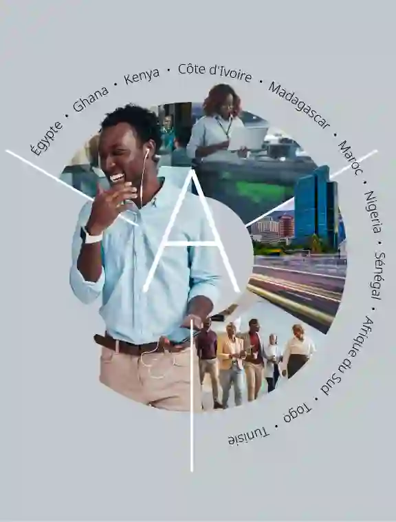 Un jeune homme d'affaires africain souriant, utilisant des écouteurs au premier plan, avec plusieurs images d'une Afrique moderne et innovante en arrière-plan