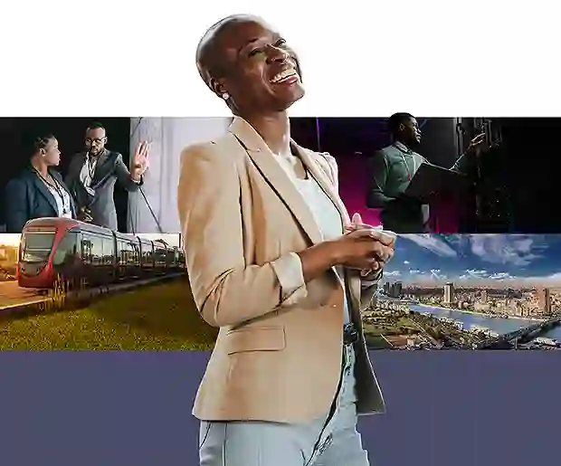 Smiling African business woman in focus with several images from a modern and innovative Africa in the background