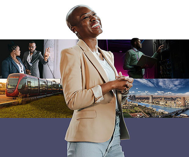 Smiling African business woman in focus with several images from a modern and innovative Africa in the background