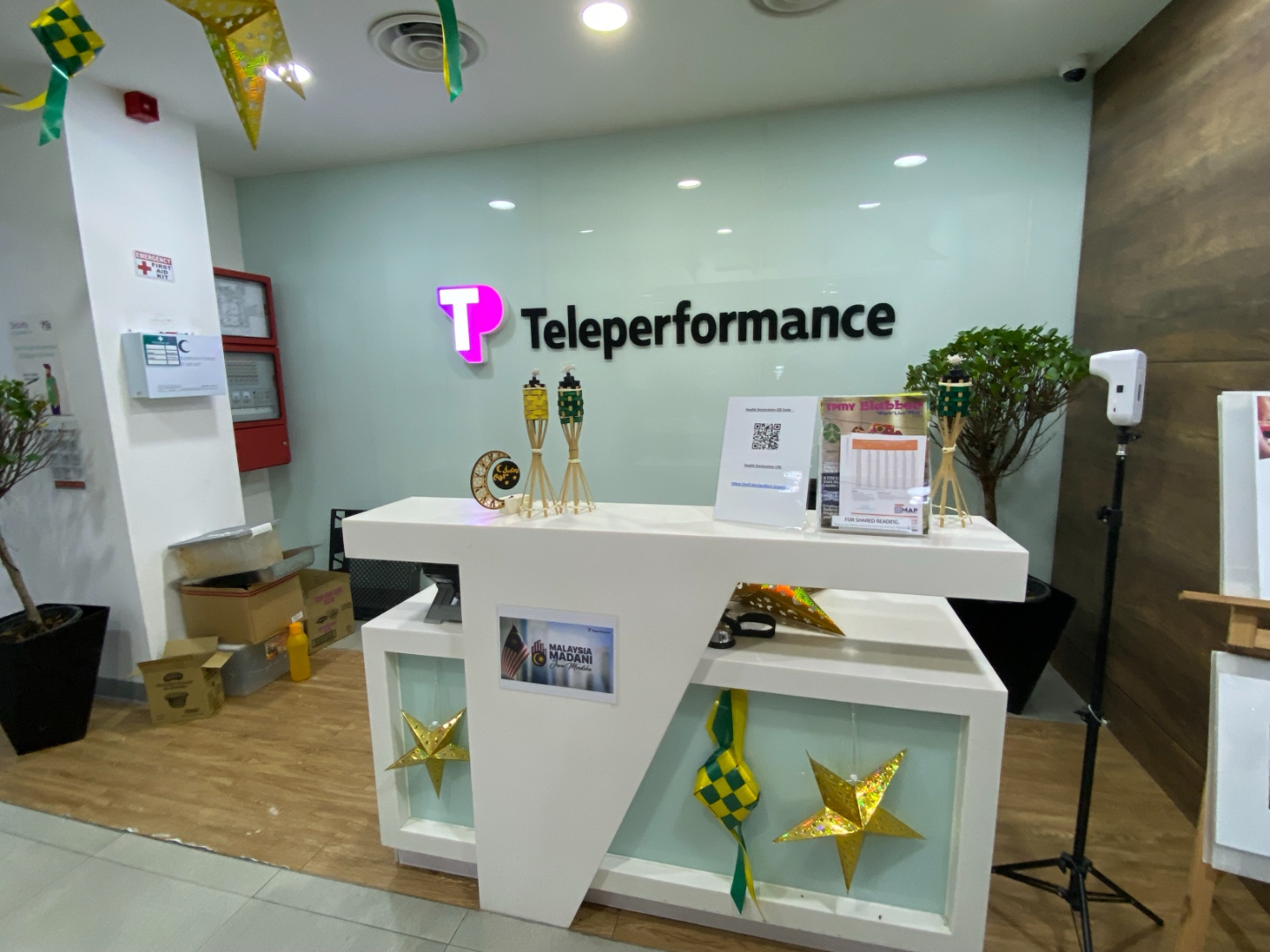 TP reception desk decorated with festive ornaments