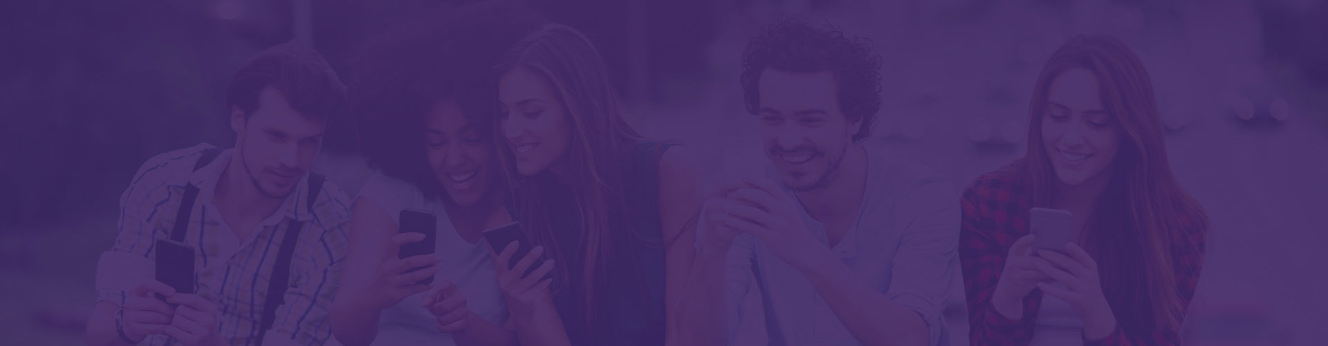 Five young individuals sit outdoors, smiling and using smartphones. Above them, social media icons float, symbolizing digital connection.