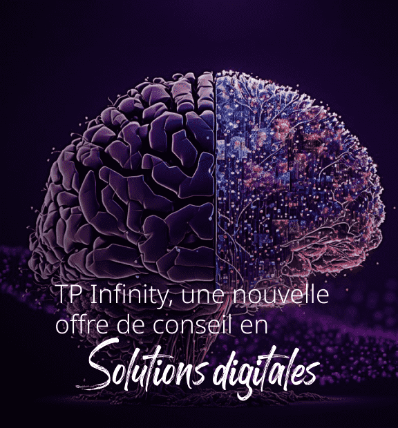 half a digital brain transitions to a technological network amidst a purple background. text reads: "tp infinity, une nouvelle offre de conseil en solutions digitales". half a digital brain transitions to a technological network amidst a purple background. text reads: "tp infinity, une nouvelle offre de conseil en solutions digitales".
