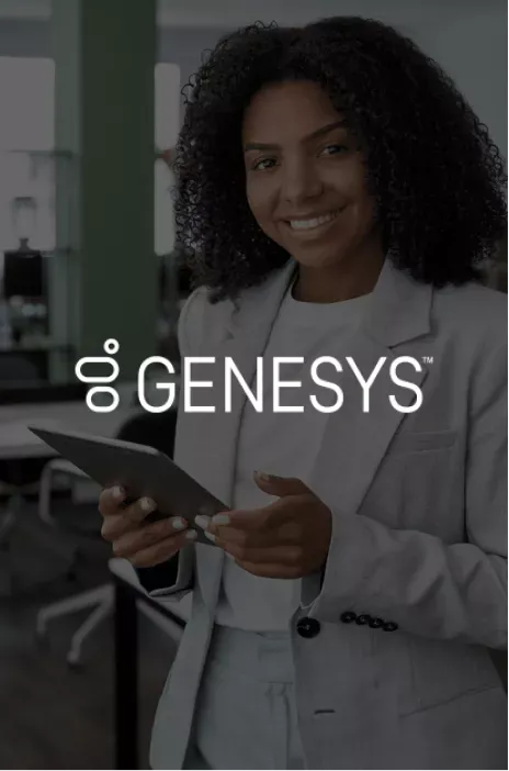 Genesys logo in focus with a smiling young busines woman holding her tablet  in the background
