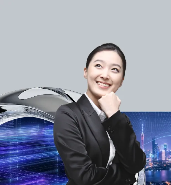 A professional businesswoman smiles confidently against a tech - infused Guangzhou skyline backdrop