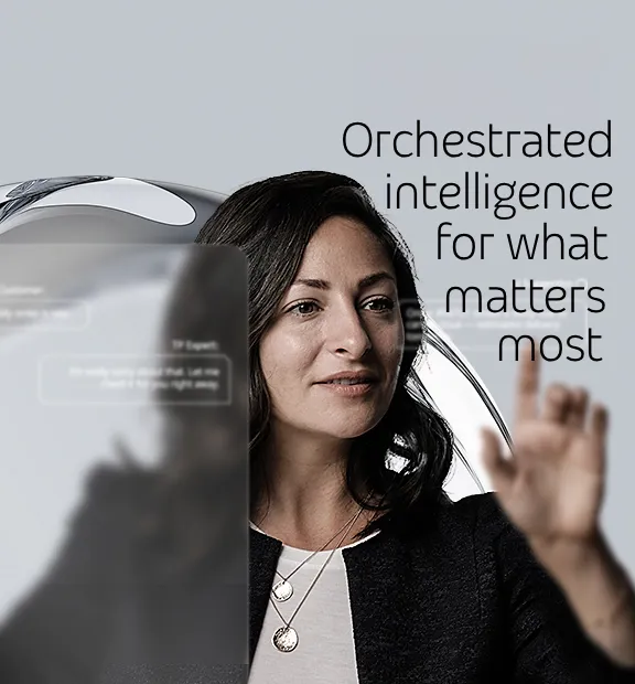 Woman interacting with transparent digital interface displaying AI-generated customer suggestions.