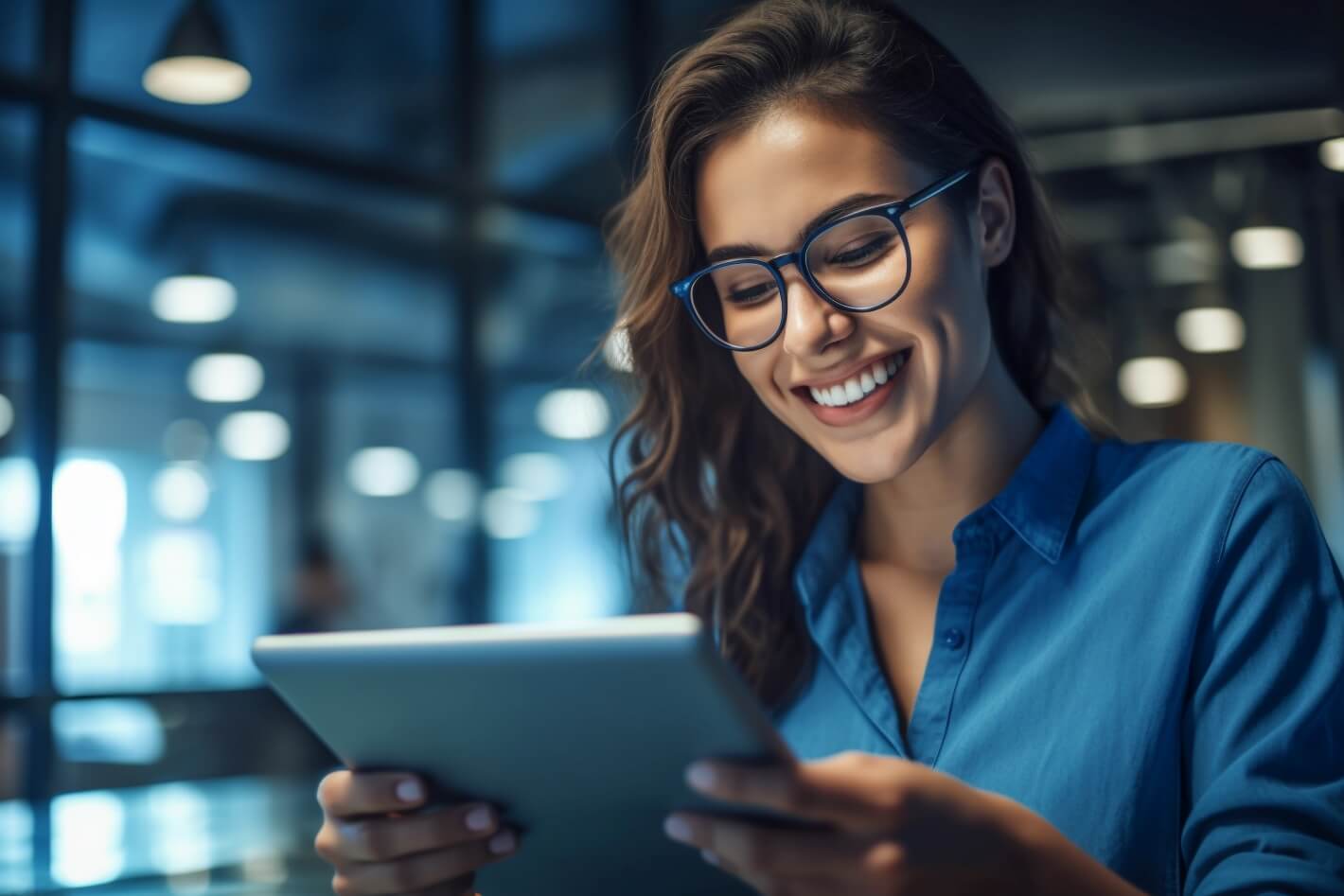 Femme souriante lisant des informations sur une tablette dans un environnement professionnel.