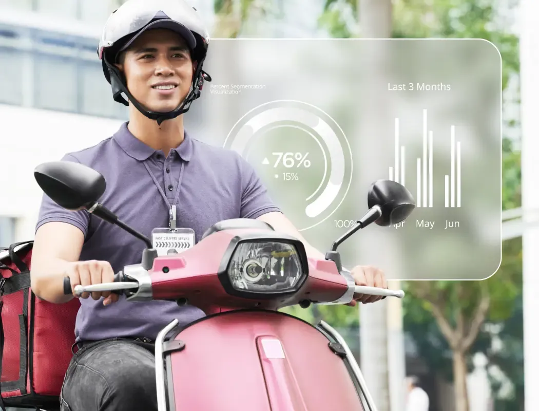 Person riding a motorcycle with a 3D dashboard overlay representing smart mobility solutions.