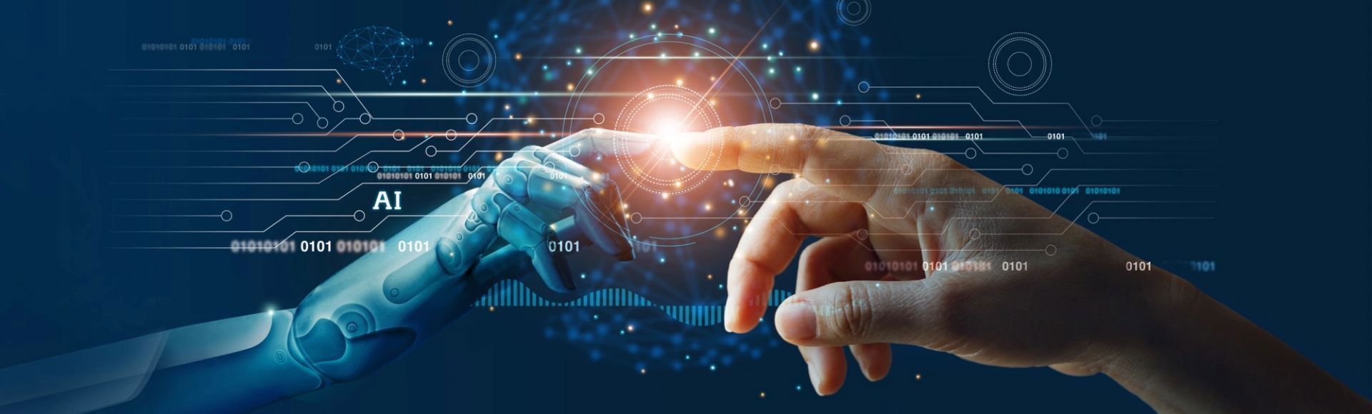 A human hand and a robotic hand reach toward each other, symbolizing the fusion of human intelligence and artificial intelligence in a digital, tech-driven world. 