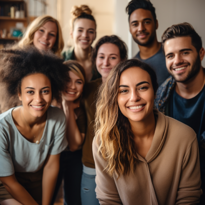 a diverse group of seven people smiles and poses closely together in a cozy, warmly lit indoor setting with bookshelves in the background.
