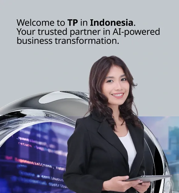 TP in Indonesia banner featuring a businesswoman with trusted partner in AI-powered business transformation message. 