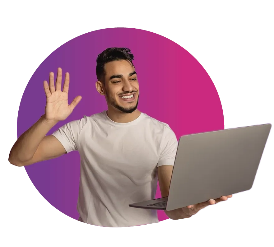 a smiling person in a white shirt is holding a laptop and waving, set against a vibrant pink and purple gradient background.