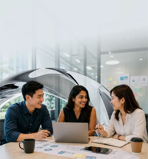 Three diverse colleagues collaborate happily in a bright office meeting