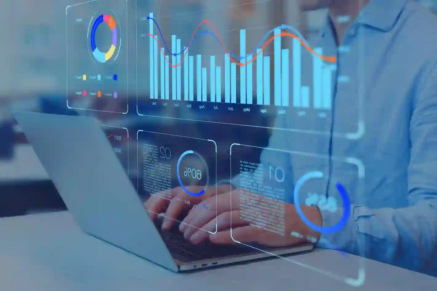 Person typing on a laptop in the background, with abstract 3D analytics charts in the foreground, illustrating data-driven insights.