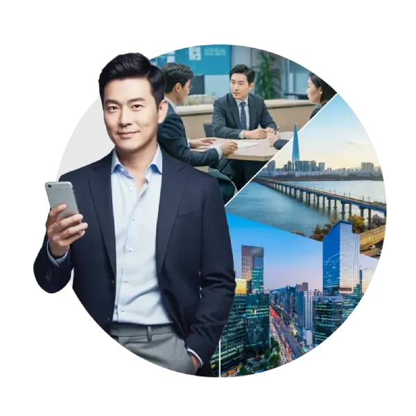 정장을 입은 남성이 스마트폰을 들고 있으며, 배경에는 회의 중인 사람들과 한국의 상징적인 건물들이 보인다.