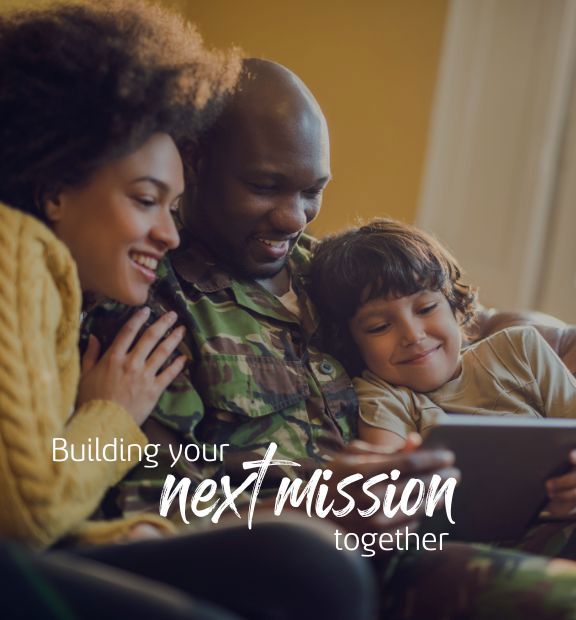 a family sits together on a couch, smiling and looking at a tablet. warm, natural light filters through curtains. text reads, "building your next mission together."