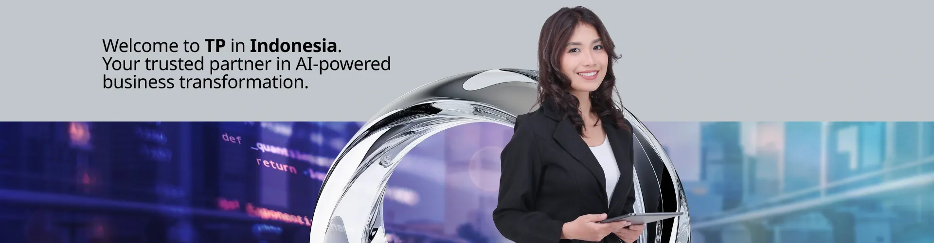 TP in Indonesia banner featuring a businesswoman with trusted partner in AI-powered business transformation message. 