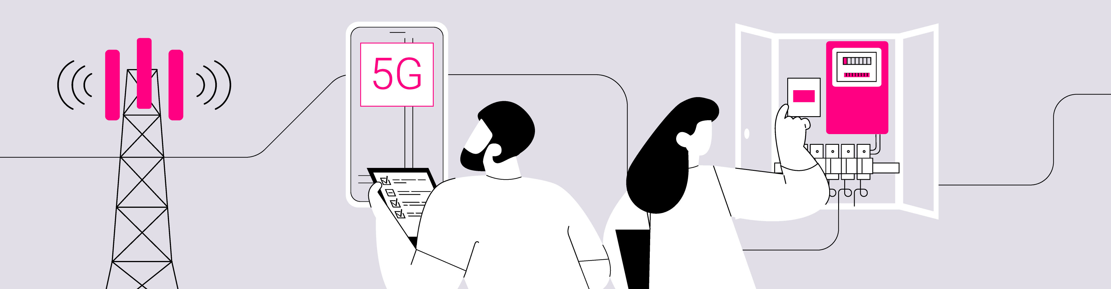 Animated characters working on a transmission tower