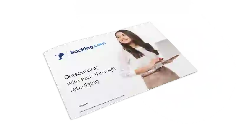TP case study brochure featuring Booking.com and a smiling woman holding a laptop, titled “Outsourcing with ease through rebadging.”