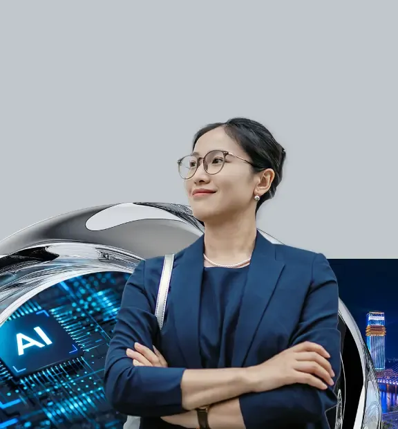 A confident professional woman with futuristic tech and cityscape visuals.