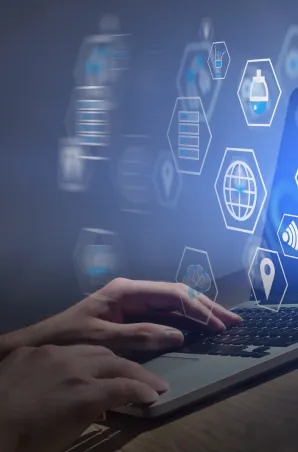 Hands typing on a laptop with digital icons representing productivity, connectivity, and cloud technology.