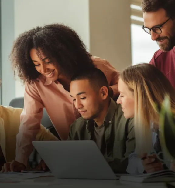 Group of employees having a meeting to discuss team strategies