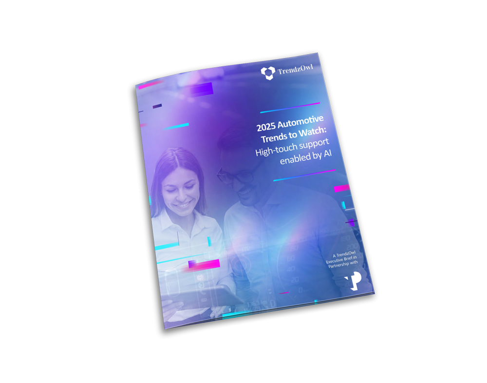 Couple featured in the mockup of the "2025 Automotive Trends To Watch" white paper, looking at a tablet together.