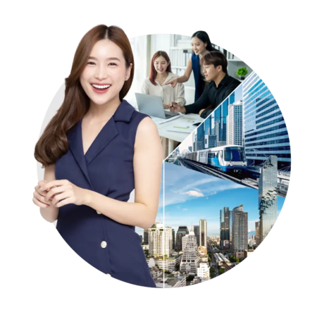 Mosaic featuring Thai professionals at work alongside views of a modern city.