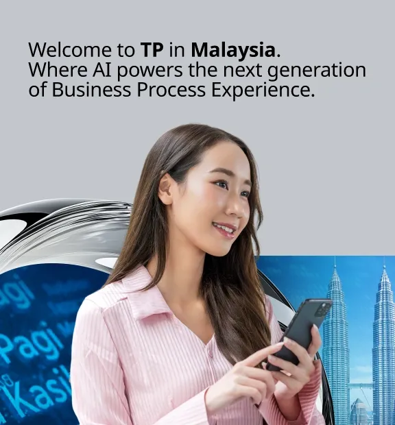 Malaysian businesswoman on her phone, illustrating AI-powered business process experience message.