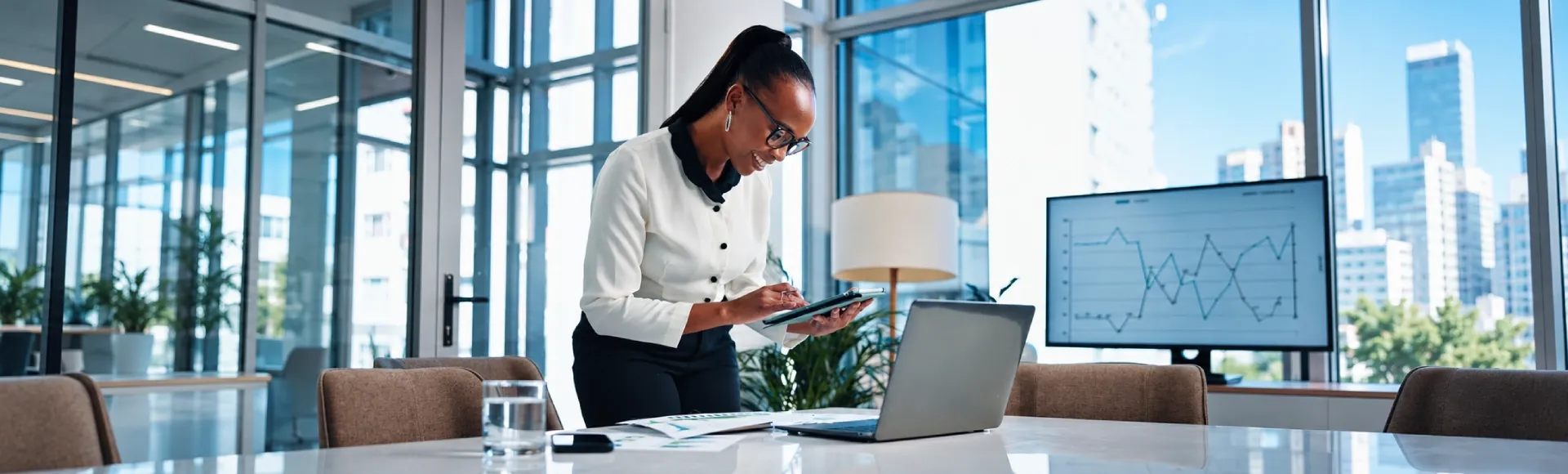 Professional woman analyzing business data in a modern office.