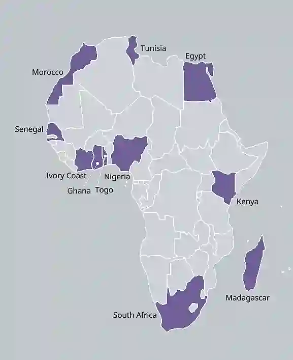 African map highlighting TP's presence in eleven countries