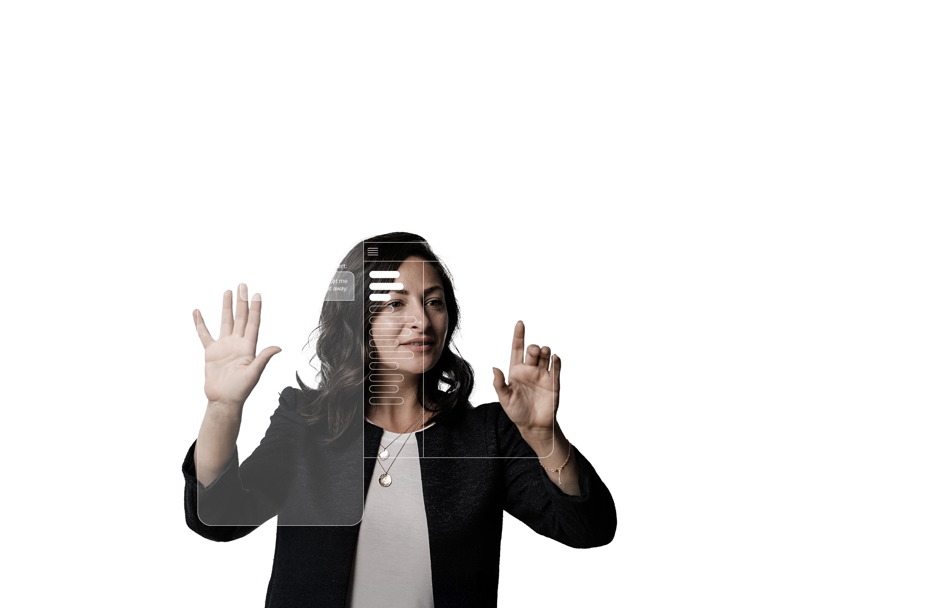 Woman using an AI interface with capabilities displayed.