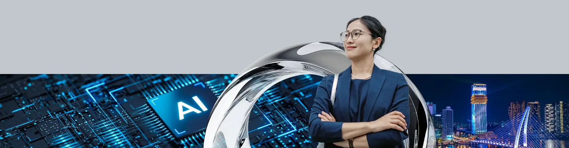 A confident professional woman with futuristic tech and cityscape visuals.