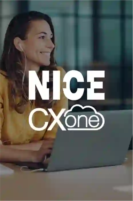 Nice CXOne logo in focus and a woman using earphone sduring a meeting in the background