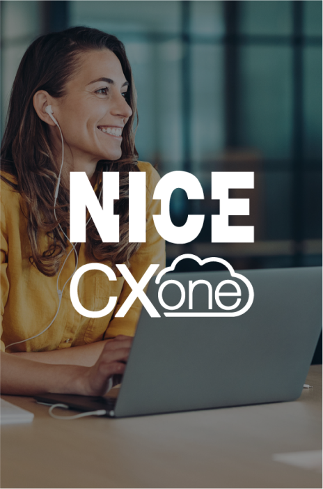 Nice CXOne logo in focus and a woman using earphone sduring a meeting in the background Nice CXOne logo in focus and a woman using earphone sduring a meeting in the background