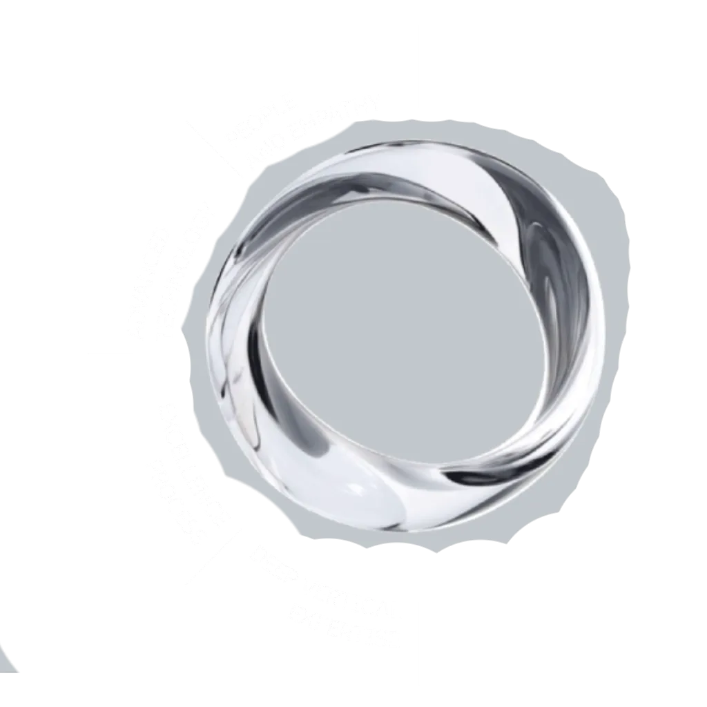 Metallic ring graphic highlighting TP.ai pillars of technology, empathy, process, and expertise.
