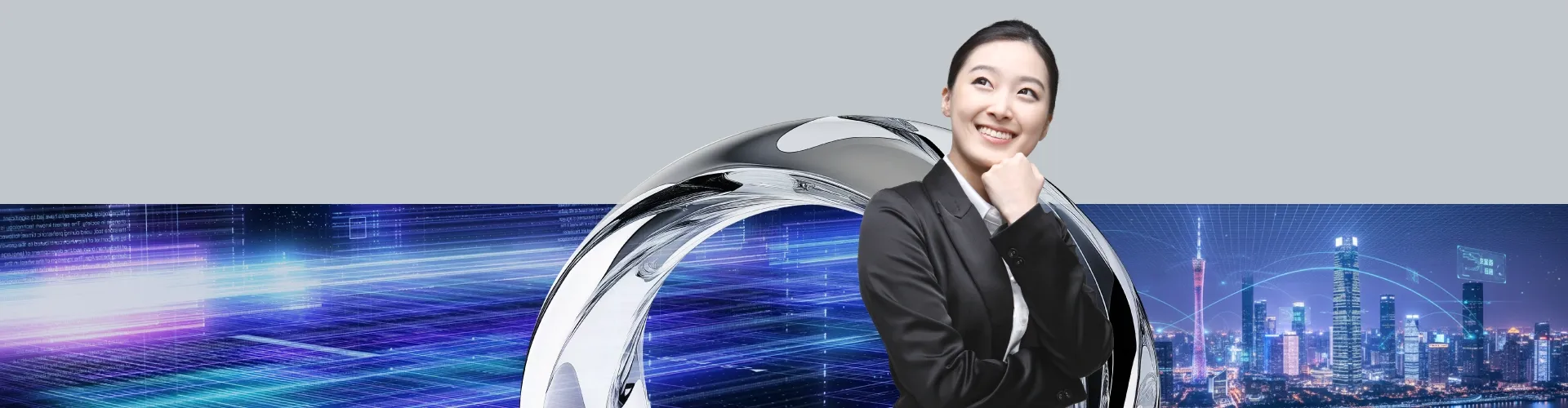 A professional businesswoman smiles confidently against a tech - infused Guangzhou skyline backdrop