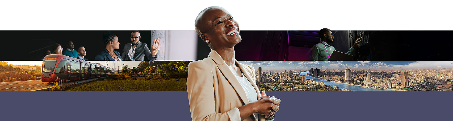 Smiling African business woman in focus with several images from a modern and innovative Africa in the background