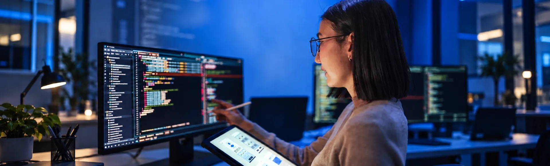 Asian developer editing prompts on her computer while using a tablet.