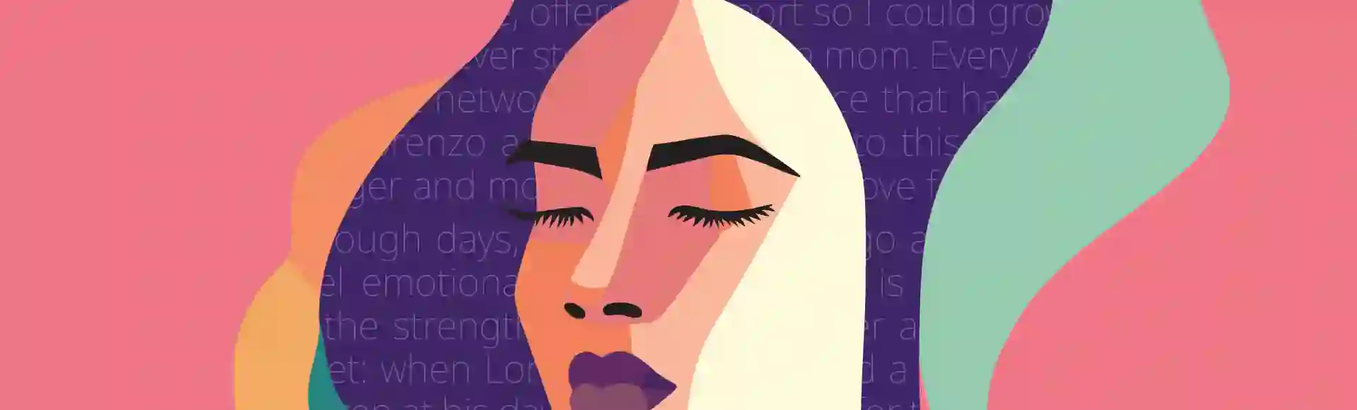 Letters To Mothers illustration depicting a woman with her eyes shut and her hair made out of letters