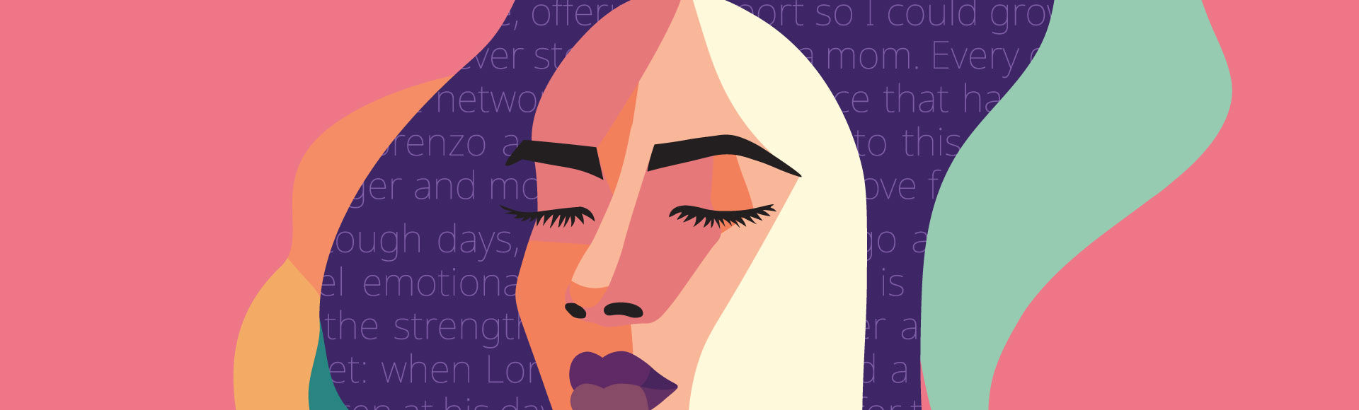 Letters To Mothers illustration depicting a woman with her eyes shut and her hair made out of letters