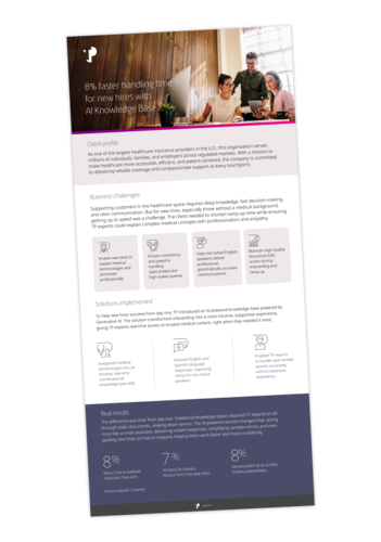 8 faster handling time for new hires with AI Knowledge case study mockup.