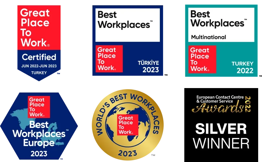 six award badges featuring "great place to work" accolades for turkey, europe, and globally, plus a silver winner badge from the 2022 european contact centre & customer service awards.
