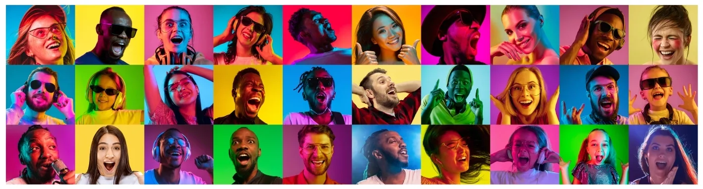 Grid of diverse people showing expressive emotions against colorful backgrounds.