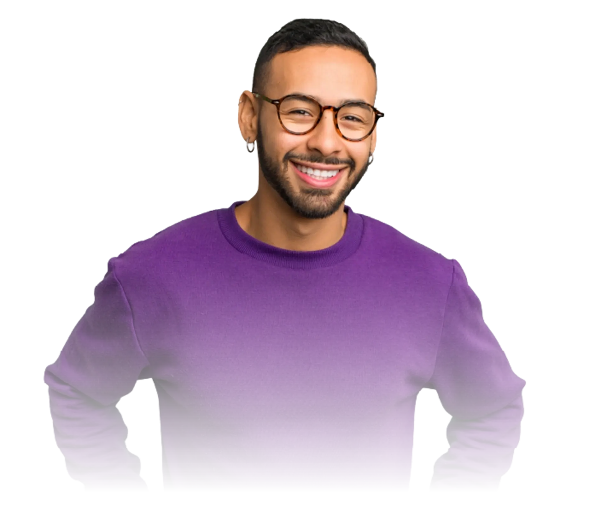 Smiling man in glasses and a purple sweater.